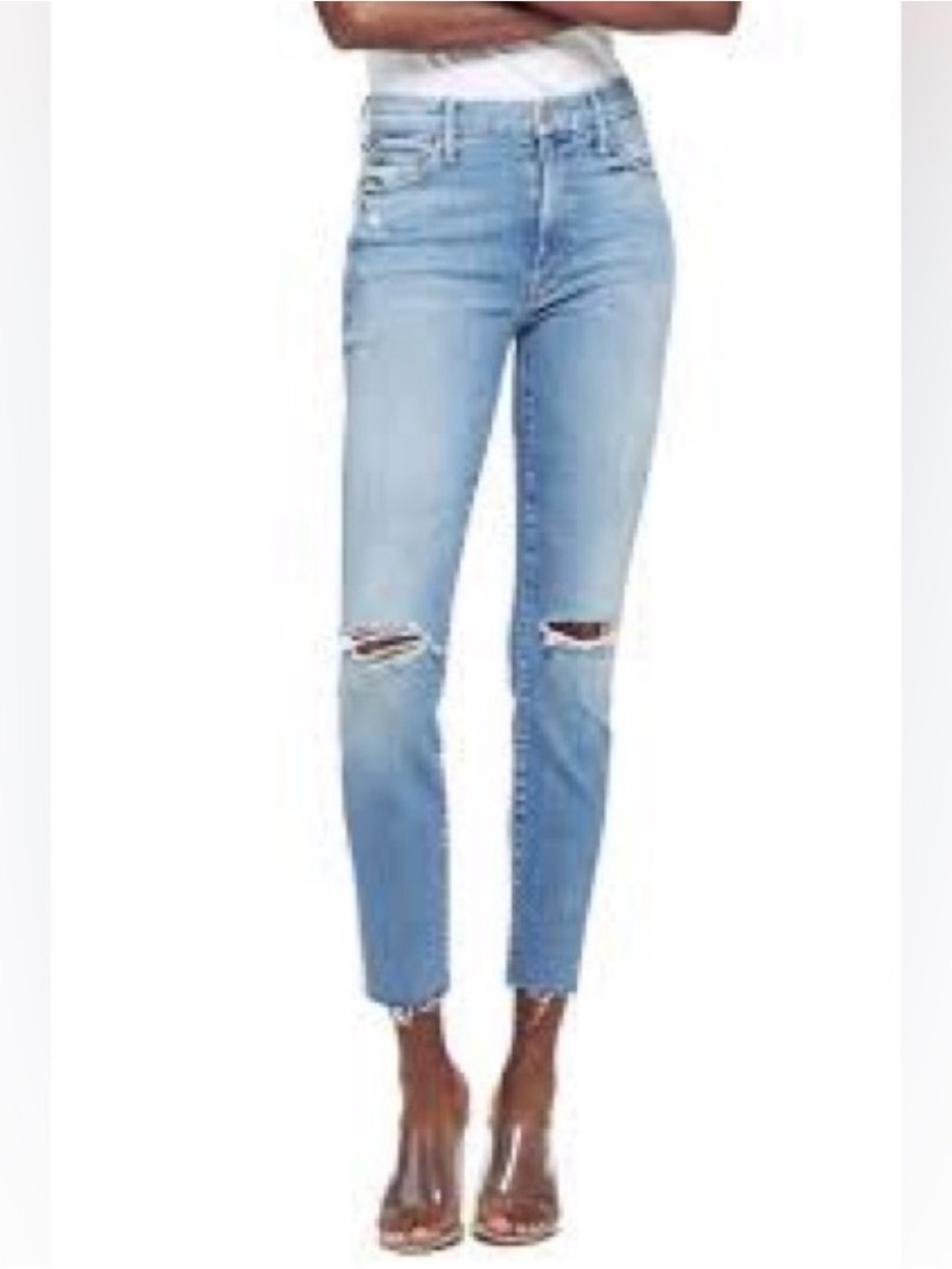MOTHER Light Blue High-Rise Ankle Crop Distressed Jeans